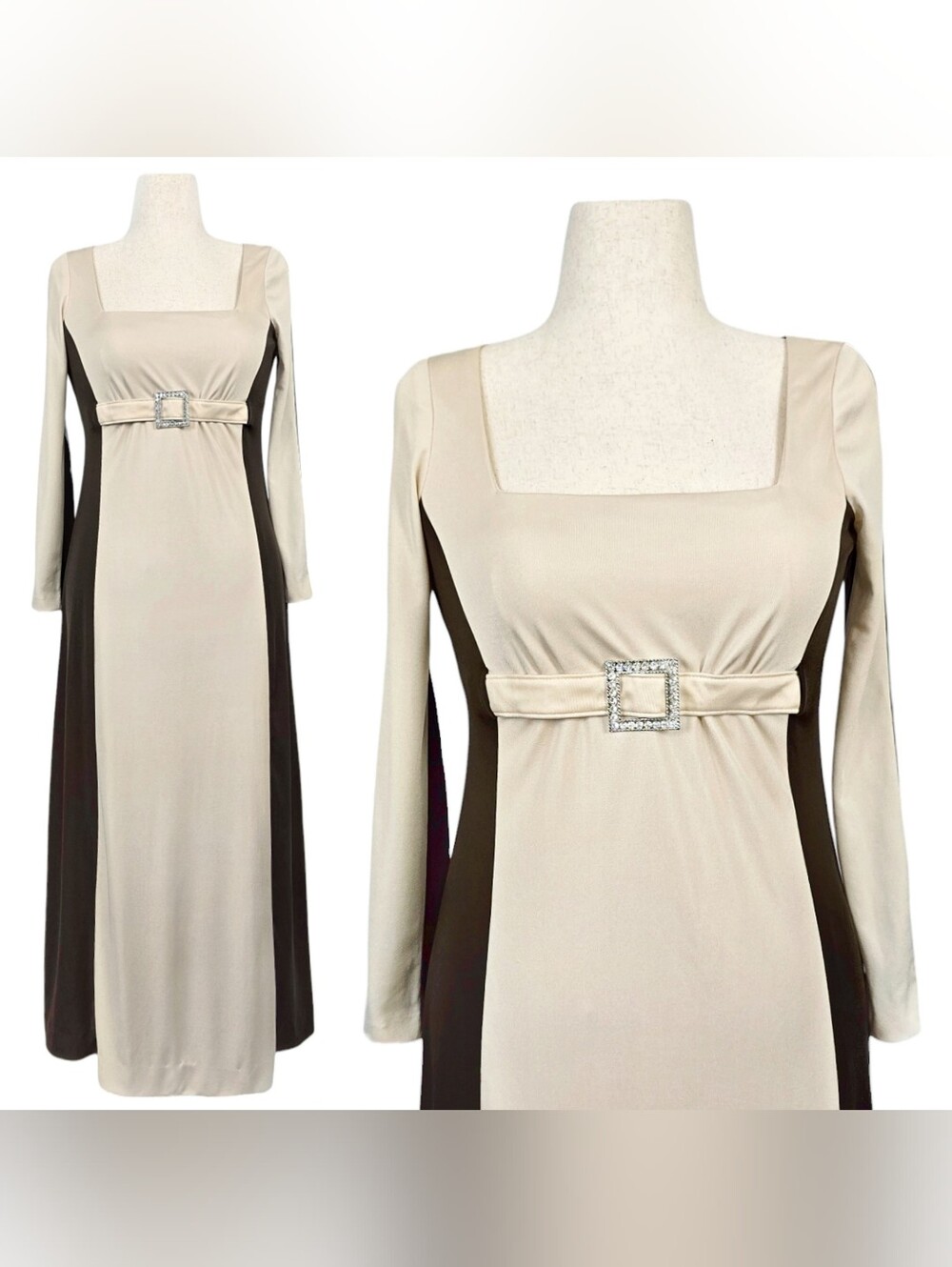 1970s Vintage Dress 70s Formal Eva Gabor Colorblock Brown S/M Small Medium Belt